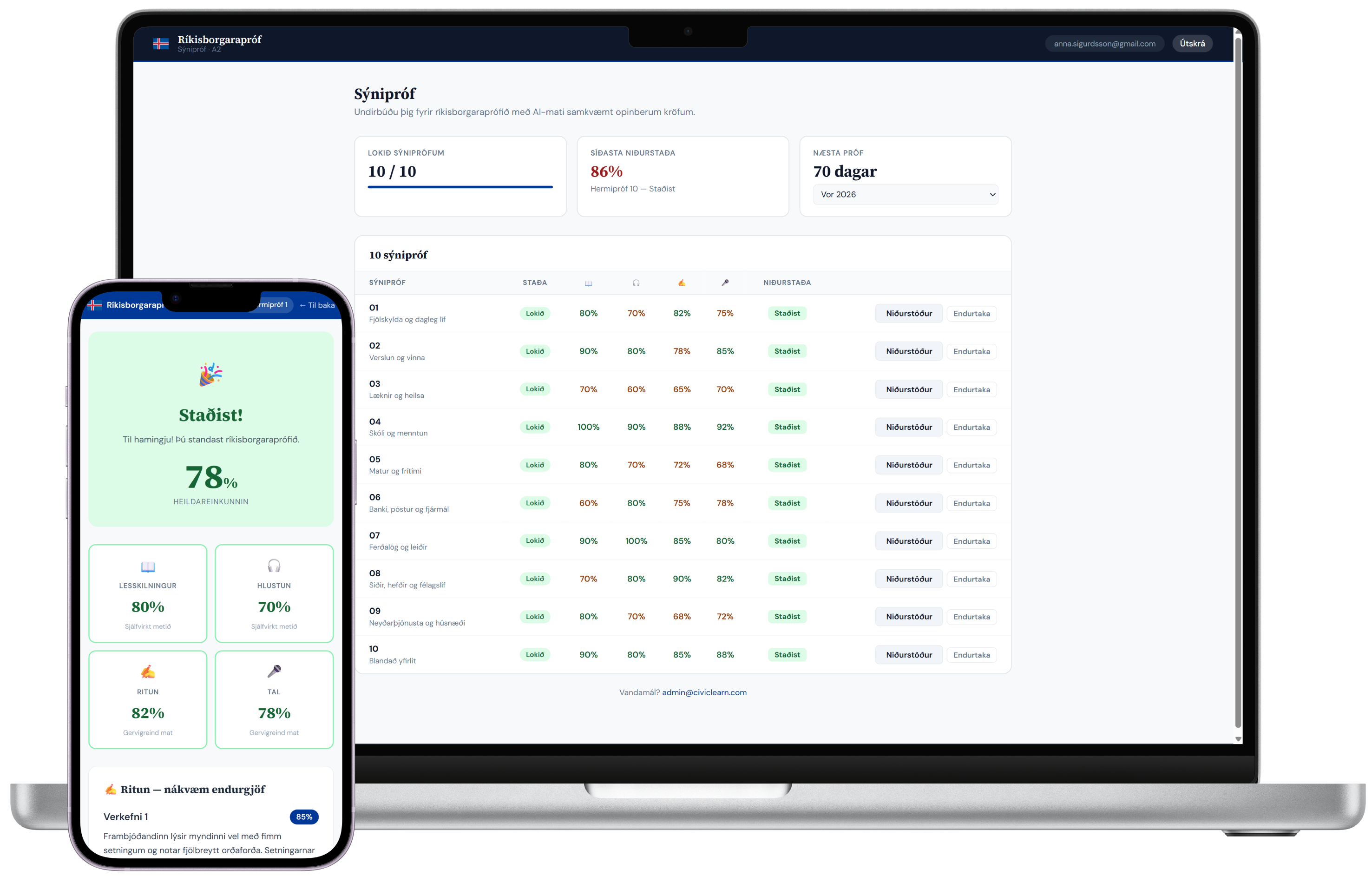 Ríkisborgarapróf practice platform shown on laptop and mobile